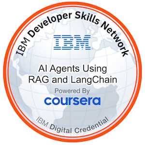 Badge for AI Agents Using RAG and LangChain, issued by IBM, Advanced Skill Level badge